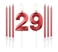 mciskin Red 29 Birthday Candles-3D Design Number 29 Candle for Cake with 6pcs Long/Thin Candles Set, Red Cake Topper for Girl 29th Birthday Decorations Supplies,29th Wedding Anniversary Decorations