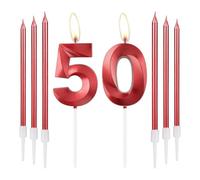 mciskin Red 50 Birthday Candles-3D Design Number 50 Candle for Cake with 6pcs Long/Thin Candles Set, Red Cake Topper for Women 50th Birthday Decorations Supplies,50th Wedding Anniversary Decorations