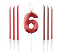 mciskin Red 6 Birthday Candles-3D Design Number 6 Candle for Cake with 6pcs Long/Thin Candles Set, Red Cake Topper for Girl 6th Birthday Decorations Supplies,6th Wedding Anniversary Decorations