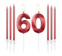 mciskin Red 60 Birthday Candles-3D Design Number 60 Candle for Cake with 6pcs Long/Thin Candles Set, Red Cake Topper for Women 60th Birthday Decorations Supplies,60th Wedding Anniversary Decorations