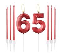 mciskin Red 65 Birthday Candles-3D Design Number 65 Candle for Cake with 6pcs Long/Thin Candles Set, Red Cake Topper for Women 65th Birthday Decorations Supplies,65th Wedding Anniversary Decorations