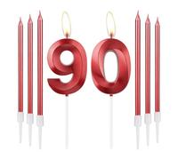 mciskin Red 90 Birthday Candles-3D Design Number 90 Candle for Cake with 6pcs Long/Thin Candles Set, Red Cake Topper for Women 90th Birthday Decorations Supplies,90th Wedding Anniversary Decorations