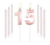mciskin Rose Gold 15 Birthday Candles-Number 15 Candle for Cake with Long Thin Candles Set, Rose Gold Cake Topper for Girl 15th Birthday Decorations Supplies,15th Wedding Anniversary Decorations