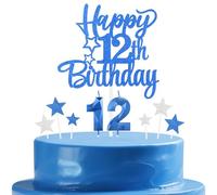 mciskin Royal Blue 12th Birthday Candles Cake Toppers Set,12th Birthday Decorations for Boy,Sapphire Number 12 Candle for Cake,Royal Blue and Silver Star Cake Toppers for Girls Boys Birthday Party