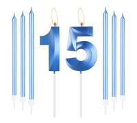 mciskin Royal Blue 15th Birthday Candles Set,Number 15 Candle for Cake with Long Thin Candles,15th Birthday Decorations for Boys Girls,Blue Candle Sapphire Cake Decorations for Party,Wedding Supplies