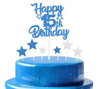 mciskin Royal Blue 15th Birthday Decorations for Boys,Personalised Happy 15th Birthday Cupcake Toppers for Cake,Glitter Royal Blue Cake Toppers for Girls Boys Women Men Party Favor Supplies Decor