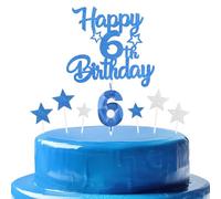 mciskin Royal Blue 6th Birthday Candles Cake Topers Set,Boys 6th Birthday Decorations,Royal Blue Number 6 Candle for Cake,Personalised Cupcake Toppers with Star for Girls Boys Birthday Party Supplies