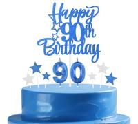 mciskin Royal Blue 90th Birthday Candles Cake Toppers Set,90th Birthday Decorations for Men,Sapphire Number 90 Candle for Cake,Royal Blue and Silver Star Cake Toppers for Men Women Birthday Party