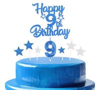 mciskin Royal Blue 9th Birthday Candles Cake Topers Set,Boys 9th Birthday Decorations,Royal Blue Number 9 Candle for Cake,Personalised Cupcake Toppers with Star for Girls Boys Birthday Party Supplies