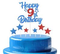 mciskin Royal Blue and Red 9th Birthday Decorations for Boy,Personalised Cake/Cupcake Toppers with Star,Glitter Royal Blue & Red Happy 9th Birthday Toppers for Girls Boys Kits Party Favor Supplies