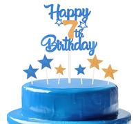 mciskin Royal Blue & Orange Party Decorations,7th Birthday Decorations Boy,Royal Blue Personalised Cake/Cupcake Toppers,Glitter Orange Happy 7th Birthday Cupcake Toppers for Girls Kits Party Supplies