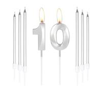 mciskin Silver 10 Birthday Candles-3D Number 10 Candle for Cake with 6pcs Long/Thin Candles Set,Silver Cake Topper for Girl Boy 10th Birthday Decorations Supplies,10th Wedding Anniversary Decorations