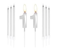 mciskin Silver 11 Birthday Candles-3D Number 11 Candle for Cake with 6pcs Long/Thin Candles Set,Silver Cake Topper for Girl Boy 11th Birthday Decorations Supplies,11th Wedding Anniversary Decorations