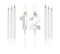 mciskin Silver 12 Birthday Candles-3D Number 12 Candle for Cake with 6pcs Long/Thin Candles Set,Silver Cake Topper for Girl Boy 12th Birthday Decorations Supplies,12th Wedding Anniversary Decorations
