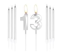 mciskin Silver 13 Birthday Candles-3D Number 13 Candle for Cake with 6pcs Long/Thin Candles Set,Silver Cake Topper for Girl Boy 13th Birthday Decorations Supplies,13th Wedding Anniversary Decorations