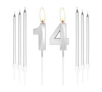 mciskin Silver 14 Birthday Candles-3D Number 14 Candle for Cake with 6pcs Long/Thin Candles Set,Silver Cake Topper for Girl Boy 14th Birthday Decorations Supplies,14th Wedding Anniversary Decorations