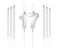 mciskin Silver 17 Birthday Candles-3D Number 17 Candle for Cake with 6pcs Long/Thin Candles Set,Silver Cake Topper for Girl Boy 17th Birthday Decorations Supplies,17th Wedding Anniversary Decorations