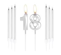 mciskin Silver 18 Birthday Candles-3D Number 18 Candle for Cake with 6pcs Long/Thin Candles Set,Silver Cake Topper for Girl Boy 18th Birthday Decorations Supplies,18th Wedding Anniversary Decorations
