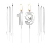 mciskin Silver 19 Birthday Candles-3D Number 19 Candle for Cake with 6pcs Long/Thin Candles Set,Silver Cake Topper for Girl Boy 19th Birthday Decorations Supplies,19th Wedding Anniversary Decorations