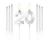 mciskin Silver 20 Birthday Candles-3D Number 20 Candle for Cake with 6pcs Long/Thin Candles Set,Silver Cake Topper for Girl Boy 20th Birthday Decorations Supplies,20th Wedding Anniversary Decorations
