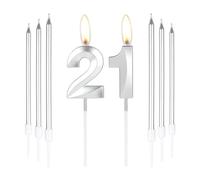 mciskin Silver 21 Birthday Candles-3D Number 21 Candle for Cake with 6pcs Long/Thin Candles Set,Silver Cake Topper for Girl Boy 21st Birthday Decorations Supplies,21st Wedding Anniversary Decorations