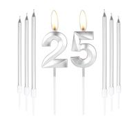 mciskin Silver 25 Birthday Candles-3D Number 25 Candle for Cake with 6pcs Long/Thin Candles Set,Silver Cake Topper for Girl Boy 25th Birthday Decorations Supplies,25th Wedding Anniversary Decorations