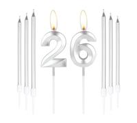 mciskin Silver 26 Birthday Candles-3D Number 26 Candle for Cake with 6pcs Long/Thin Candles Set,Silver Cake Topper for Girl Boy 26th Birthday Decorations Supplies,26th Wedding Anniversary Decorations