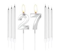 mciskin Silver 27 Birthday Candles-3D Number 27 Candle for Cake with 6pcs Long/Thin Candles Set,Silver Cake Topper for Girl Boy 27th Birthday Decorations Supplies,27th Wedding Anniversary Decorations