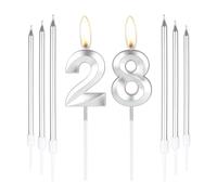 mciskin Silver 28 Birthday Candles-3D Number 28 Candle for Cake with 6pcs Long/Thin Candles Set,Silver Cake Topper for Girl Boy 28th Birthday Decorations Supplies,28th Wedding Anniversary Decorations