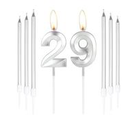 mciskin Silver 29 Birthday Candles-3D Number 29 Candle for Cake with 6pcs Long/Thin Candles Set,Silver Cake Topper for Girl Boy 29th Birthday Decorations Supplies,29th Wedding Anniversary Decorations