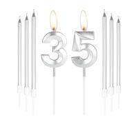 mciskin Silver 35 Birthday Candles-3D Number 35 Candle for Cake with 6pcs Long/Thin Candles Set,Silver Cake Topper for Women Men 35th Birthday Decorations Supplies,35th Wedding Anniversary Décor