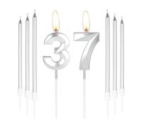 mciskin Silver 37 Birthday Candles-3D Number 37 Candle for Cake with 6pcs Long/Thin Candles Set,Silver Cake Topper for Women Men 37th Birthday Decorations Supplies,37th Wedding Anniversary Décor