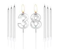 mciskin Silver 38 Birthday Candles-3D Number 38 Candle for Cake with 6pcs Long/Thin Candles Set,Silver Cake Topper for Women Men 38th Birthday Decorations Supplies,38th Wedding Anniversary Décor