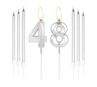 mciskin Silver 48 Birthday Candles-3D Number 48 Candle for Cake with 6pcs Long/Thin Candles Set,Silver Cake Topper for Women Men 48th Birthday Decorations Supplies,48th Wedding Anniversary Décor