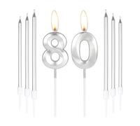 mciskin Silver 80 Birthday Candles-3D Number 80 Candle for Cake with 6pcs Long/Thin Candles Set,Silver Cake Topper for Women Men 80th Birthday Decorations Supplies,80th Wedding Anniversary Décor