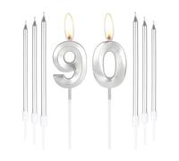mciskin Silver 90 Birthday Candles-3D Number 90 Candle for Cake with 6pcs Long/Thin Candles Set,Silver Cake Topper for Women Men 90th Birthday Decorations Supplies,90th Wedding Anniversary Décor