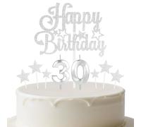 mciskin Silver Birthday Candles Set,Women Men 30th Birthday Decorations,Number 30 Candle for Cake,Silver Candles Cake Toppers with Star for Women Men Birthday Party Anniversary Decorations