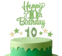 mciskin Tender Green 10th Birthday Candles Cake Toppers Set,3D Number 10 Candle for Cake,Light Green Candles Yellow Star Toppers for Girls Boys 10th Birthday Decorations Party Supplies