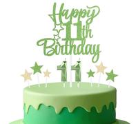 mciskin Tender Green 11th Birthday Candles Cake Toppers Set,3D Number 11 Candle for Cake,Light Green Candles Yellow Star Toppers for Girls Boys 11th Birthday Decorations Party Supplies