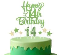 mciskin Tender Green 14th Birthday Candles Cake Toppers Set,3D Number 14 Candle for Cake,Light Green Candles Yellow Star Toppers for Girls Boys 14th Birthday Decorations Party Supplies