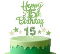 mciskin Tender Green 15th Birthday Candles Cake Toppers Set,3D Number 15 Candle for Cake,Light Green Candles Yellow Star Toppers for Girls Boys 15th Birthday Decorations Party Supplies