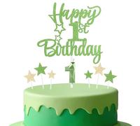 mciskin Tender Green 1st Birthday Candles Cake Toppers Set,3D Number 1 Candle for Cake,Light Green Candles Yellow Star Toppers for Girls Boys First Birthday Decorations Party Supplies