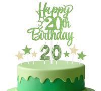 mciskin Tender Green 20th Birthday Candles Cake Toppers Set,3D Number 20 Candle for Cake,Light Green Candles Yellow Star Toppers for Girls Boys 20th Birthday Decorations Party Supplies