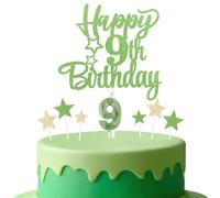 mciskin Tender Green 9th Birthday Candles Cake Toppers Set,3D Number 9 Candle for Cake,Light Green Candles Yellow Star Toppers for Girls Boys 9th Birthday Decorations Party Supplies
