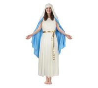 MCJC Biblical Virgin Mary Costume, White and Blue Robe with Gold Belt, Adult Religious Halloween Dress, White, Medium