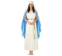MCJC Biblical Virgin Mary Costume, White and Blue Robe with Gold Belt, Adult Religious Halloween Dress, White, Llarge size