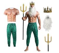 MCJC Halloween Poseidon Costume Set, 5 Piece Sea God Kit with Mermaid Pants, Muscle Shirt, Trident, Crown and White Beard, Green, 3X-Large size