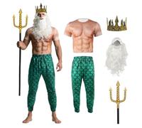 MCJC Halloween Poseidon Costume Set, 5 Piece Sea God Kit with Mermaid Pants, Muscle Shirt, Trident, Crown and White Beard, Green, XX-Large