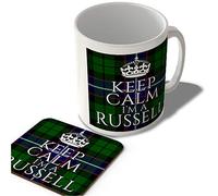 McMug - Keep Calm I'm a Russell - Russell Modern Tartan - (Crown) - Scottish Mug and Coaster Set, Ceramic, 11fl.oz.