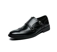 MCMUS Oxford Shoes for Men Slip On Double Monk Strap Brogue Embossed Wing tip Faux Leather Block Heel Anti-Slip Rubber Sole Low Top Casual Suitable for Many Occasions (Color : Black, Size : 6.5 UK)